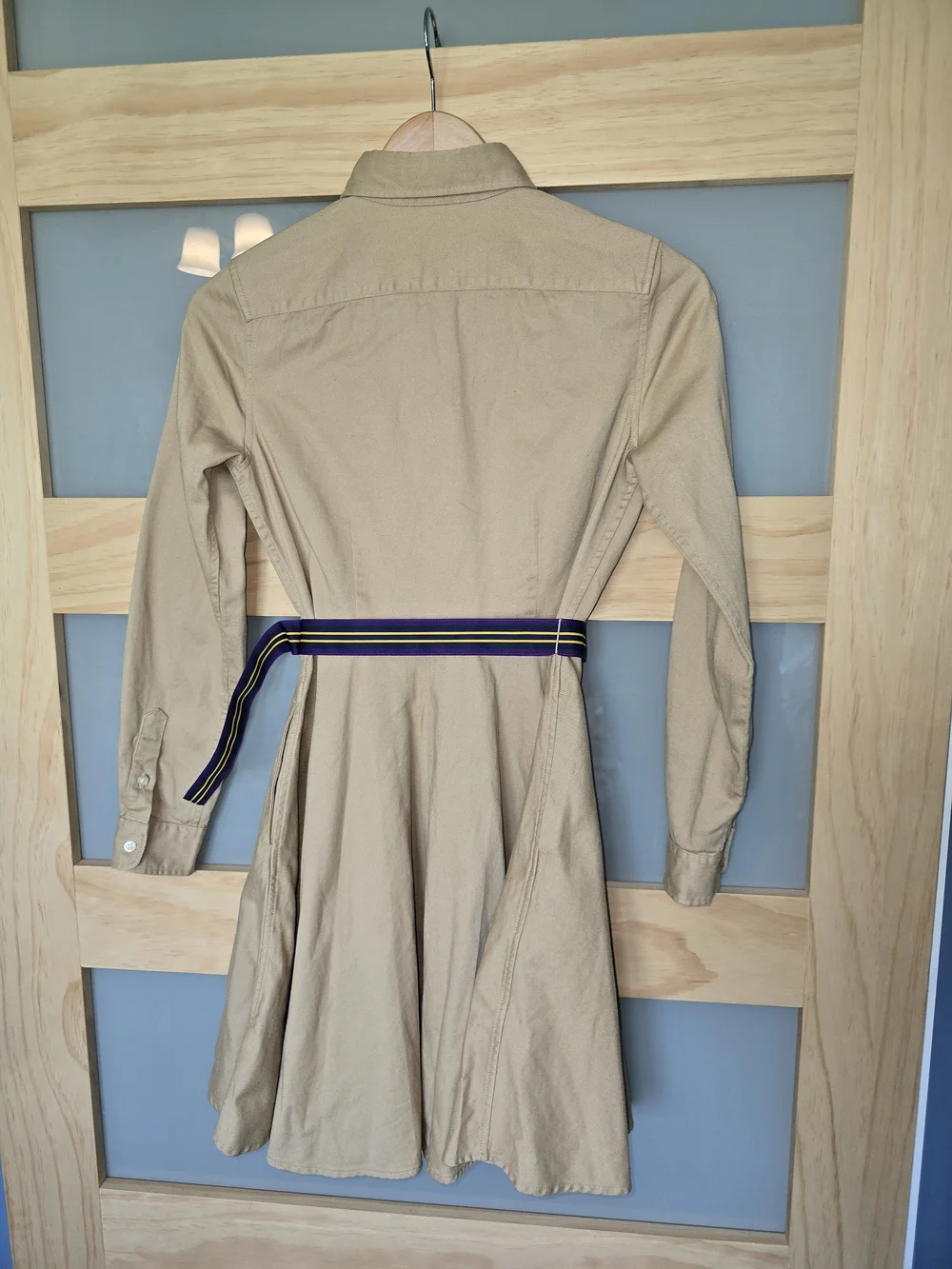 Ralph Lauren Khaki Button-Front Chino Shirt Dress with Navy+Purple & Gold Belt